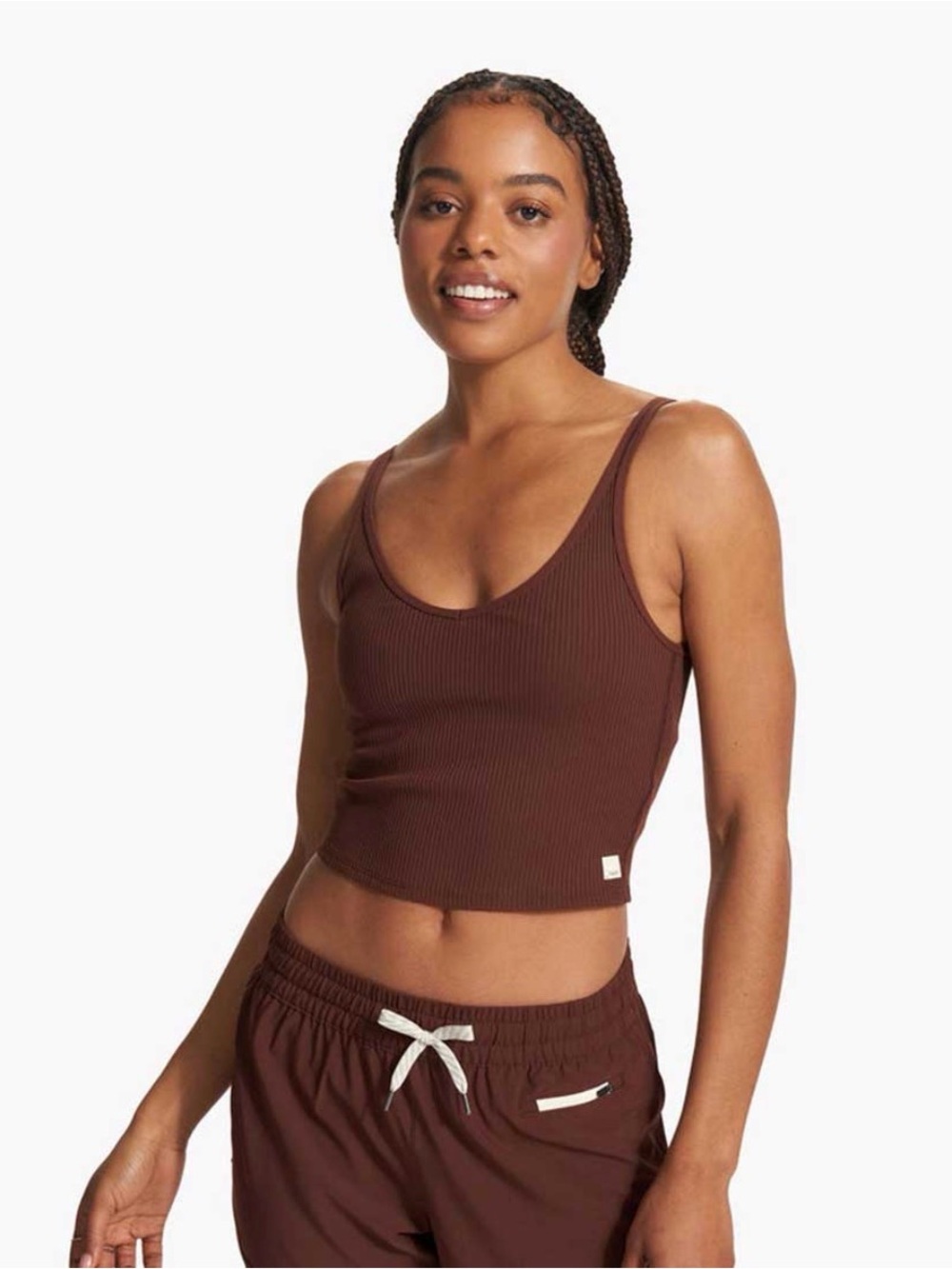 Vuori Ribbed Scoop Crop Tank — Chocolate Brown